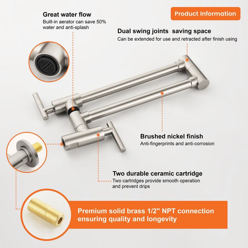 Brushed Nickel Wall-Mounted Double Handle Pot Filler Faucet