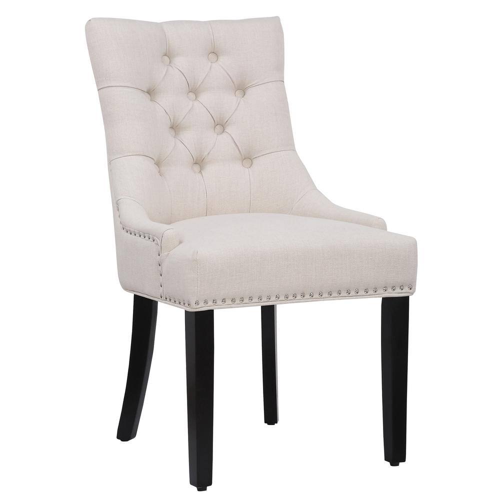 Beige Linen Tufted High-Back Wooden Side Chair