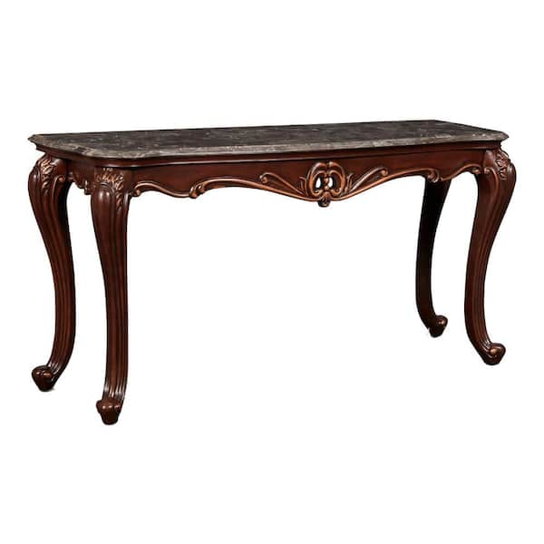 Benjara 58 in. Gray and Brown Rectangle Marble Top Console Table with Carved Details