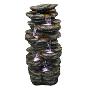40 in. Resin Rockery Outdoor Relaxing Water Fountain, 6-Tier LED Outdoor Waterfall Fountain for Home, Office, Garden