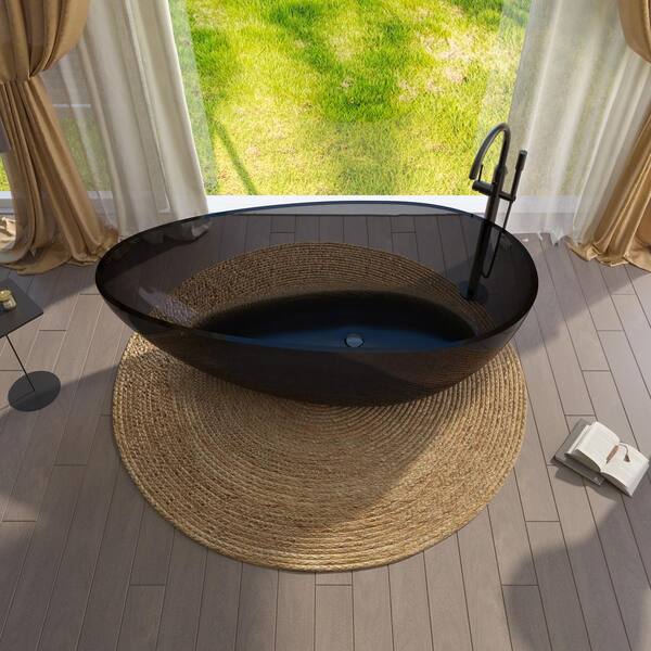 Moray 67 in. x 34 in. Stone Resin Flatbottom Solid Surface Freestanding Soaking Bathtub in Black with Brass Drain