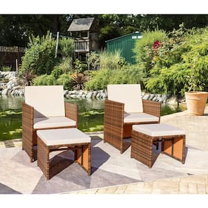 4-Pieces Patio Wicker Furniture Set Outdoor Patio Chairs with Ottomans and Cushion (Beige)