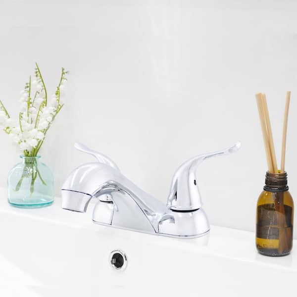 Double Handle Low-Rise Spout Lavatory Faucet with Matching Push Pop-Up in Chrome