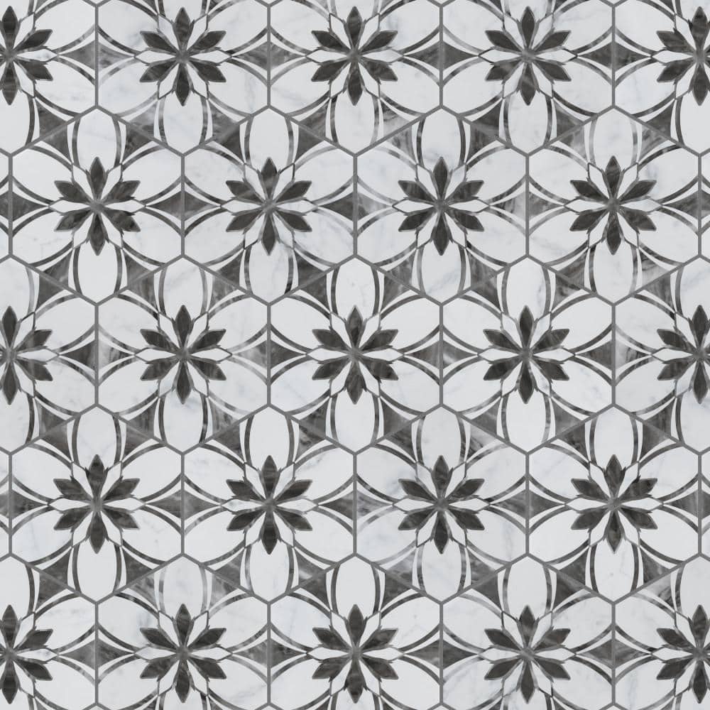 Classico Bardiglio Hex Floral 7" x 8" Porcelain Patterned Tile