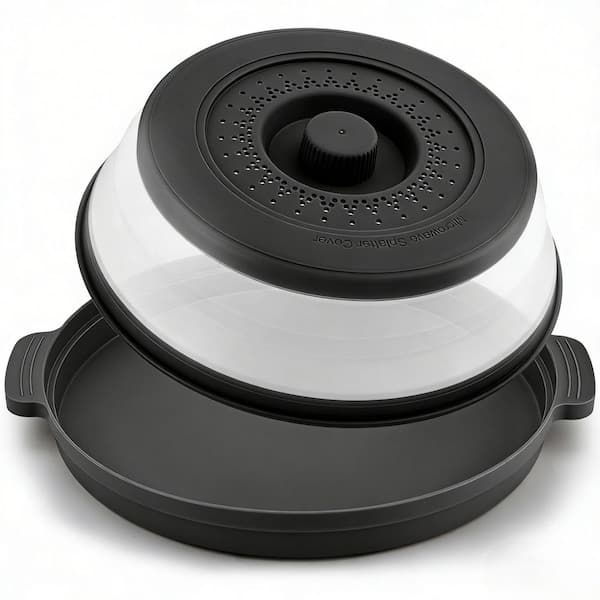 Plastic Silicone Collapsible Microwave Splatter Cover with Anti-Scald Base Plate, 10.7 in. Black Kitchen Lid