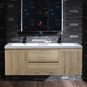 NJ 59 in. W x 19.63 in. D x 22.5 in. H Double Sink Floating Bath Vanity in Natural Oak with White Resin Top