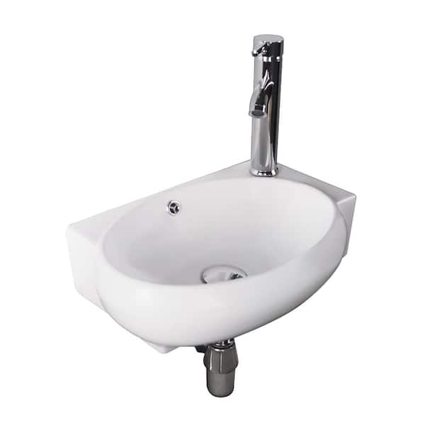 Flynama White Ceramic Wall Mounted Rectangle Corner Bathroom Vessel Sink with Chrome Faucet and Pop-Up Drain