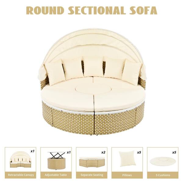 5-Piece Wicker Outdoor Round Sectional Sofa Set, Patio Rattan