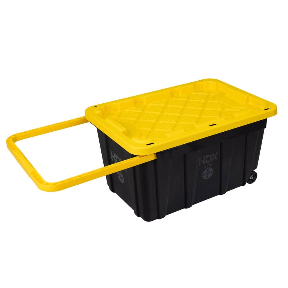HDX 27 Gal. Tough Storage Tote with Wheels and Handle in Black and Yellow  999-27G-W-HDX - The Home Depot, image size:1000x1000