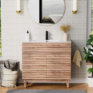 36 in. W x 17.7 in. D x 33.5 in. H Single Sink Bath Vanity in Oak with White Ceramic Top and Drain Faucet Set