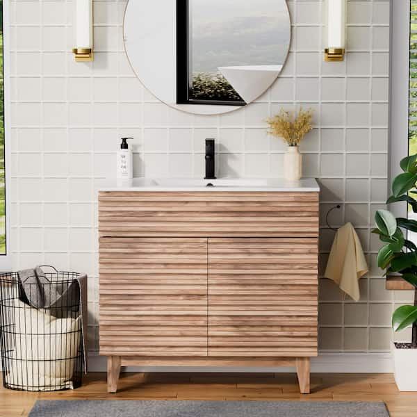 36 in. W x 17.7 in. D x 33.5 in. H Single Sink Bath Vanity in Oak with White Ceramic Top and Drain Faucet Set