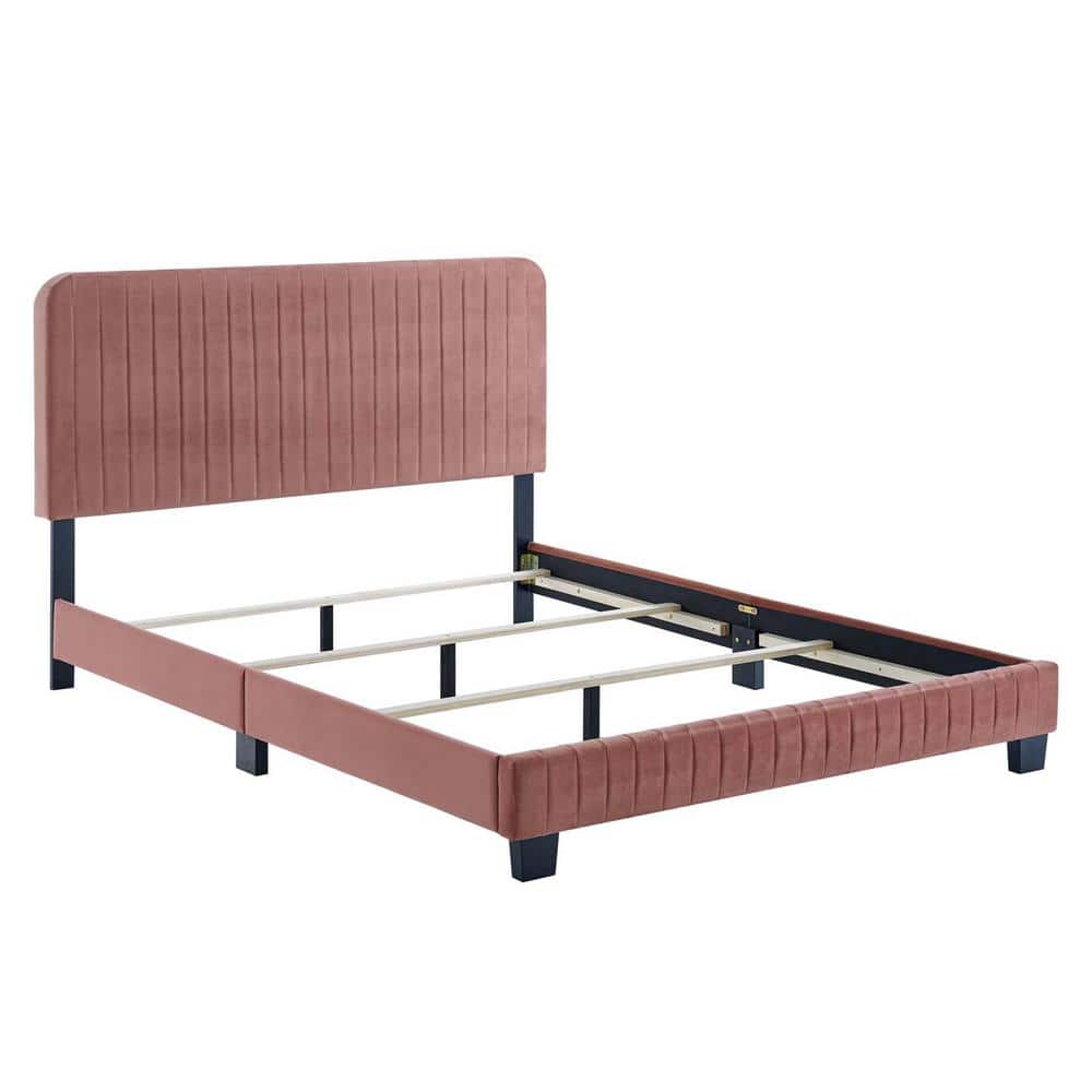 Dusty Rose Velvet Upholstered King Bed with Tufted Headboard