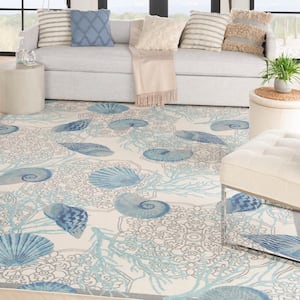 Sun N' Shade Ivory Blue 10 ft. x 13 ft. Floral Geometric Contemporary Indoor/Outdoor Area Rug