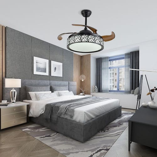 42 in. Modern Indoor Integrated LED Retractable Blades Black Ceiling Fan with Remote Control Ceiling Fans With Lights