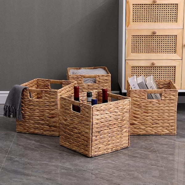 Brown 11 in. x 11 in. Seagrass Hyacinth Foldable Cube Storage Decorative Basket Set of 4