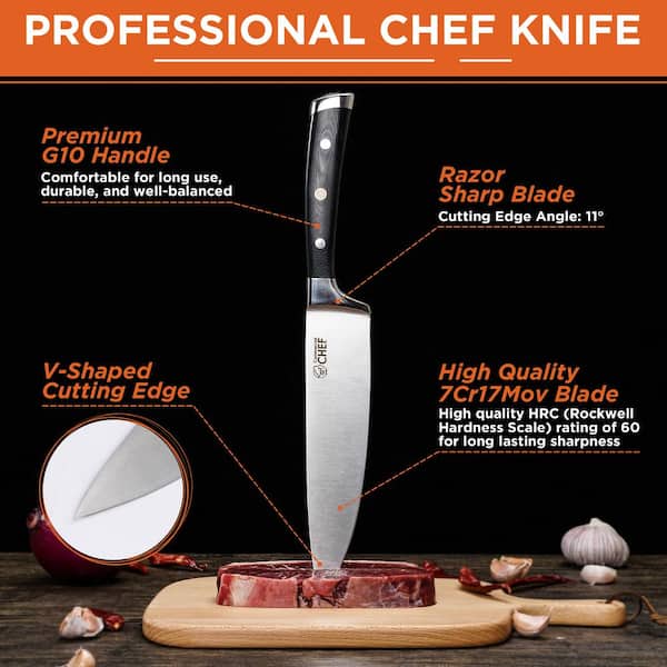 Commercial CHEF Pro 8 in. High-Carbon Steel Full Chef's Knife with Triple Rivet G10 Handle with Sharpener CH7CR8INCKG10 - The Home Depot