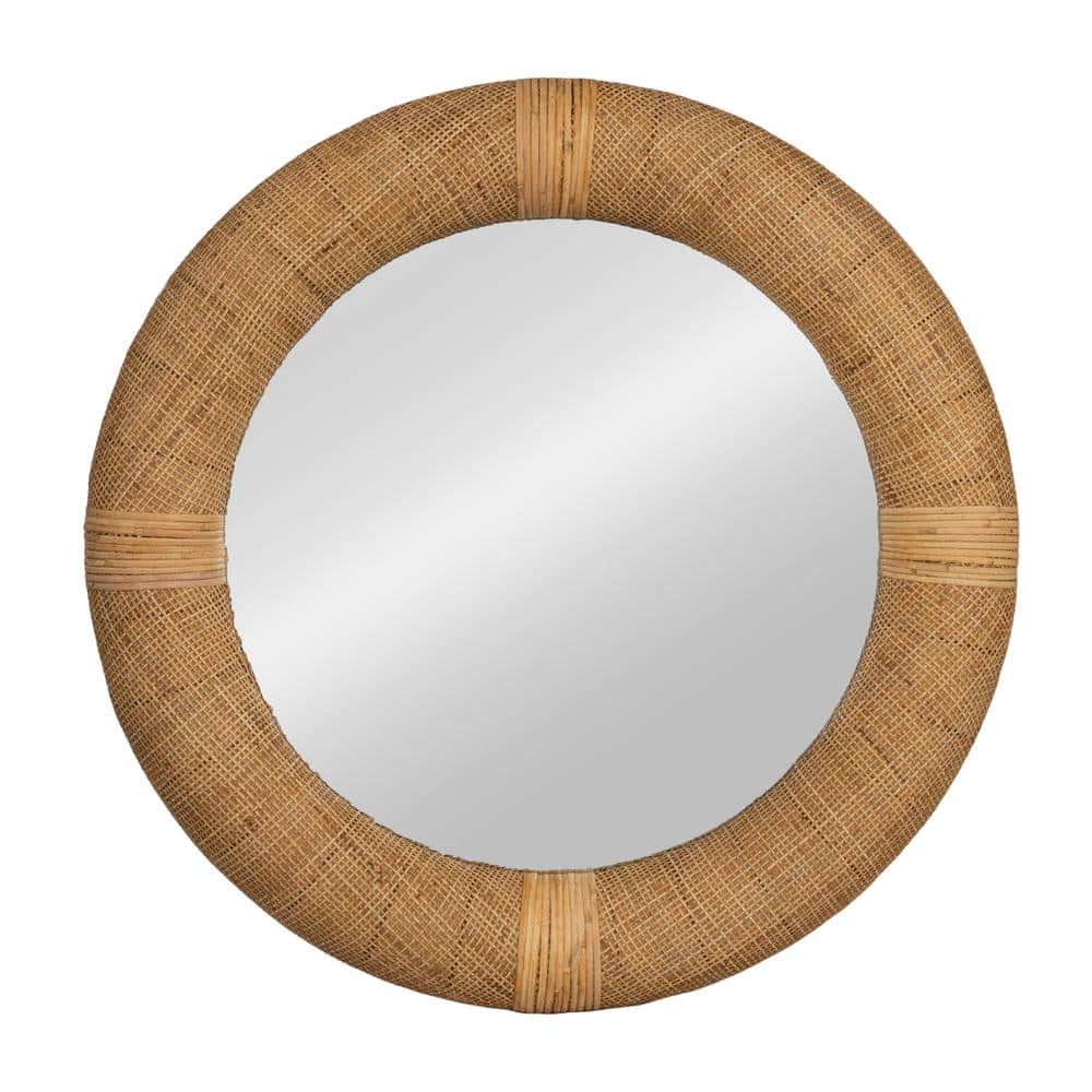 Natural Handwoven Rattan and Wood Round Wall Mirror
