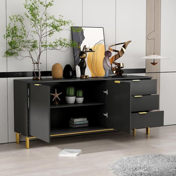 62.9 in. Black Wood Storage Cabinet Kitchen Cabinet with 2-Doors, 3-Dr