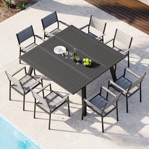 Dark Gray Expandable Aluminum Outdoor Dining Table with Chairs (Set of 9)