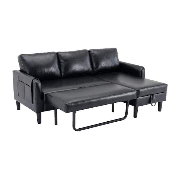 HOMEFUN 73 in. Modern Black PU Leather Reversible Sleeper Sectional Sofa Bed with Side Pocket and Storage Chaise