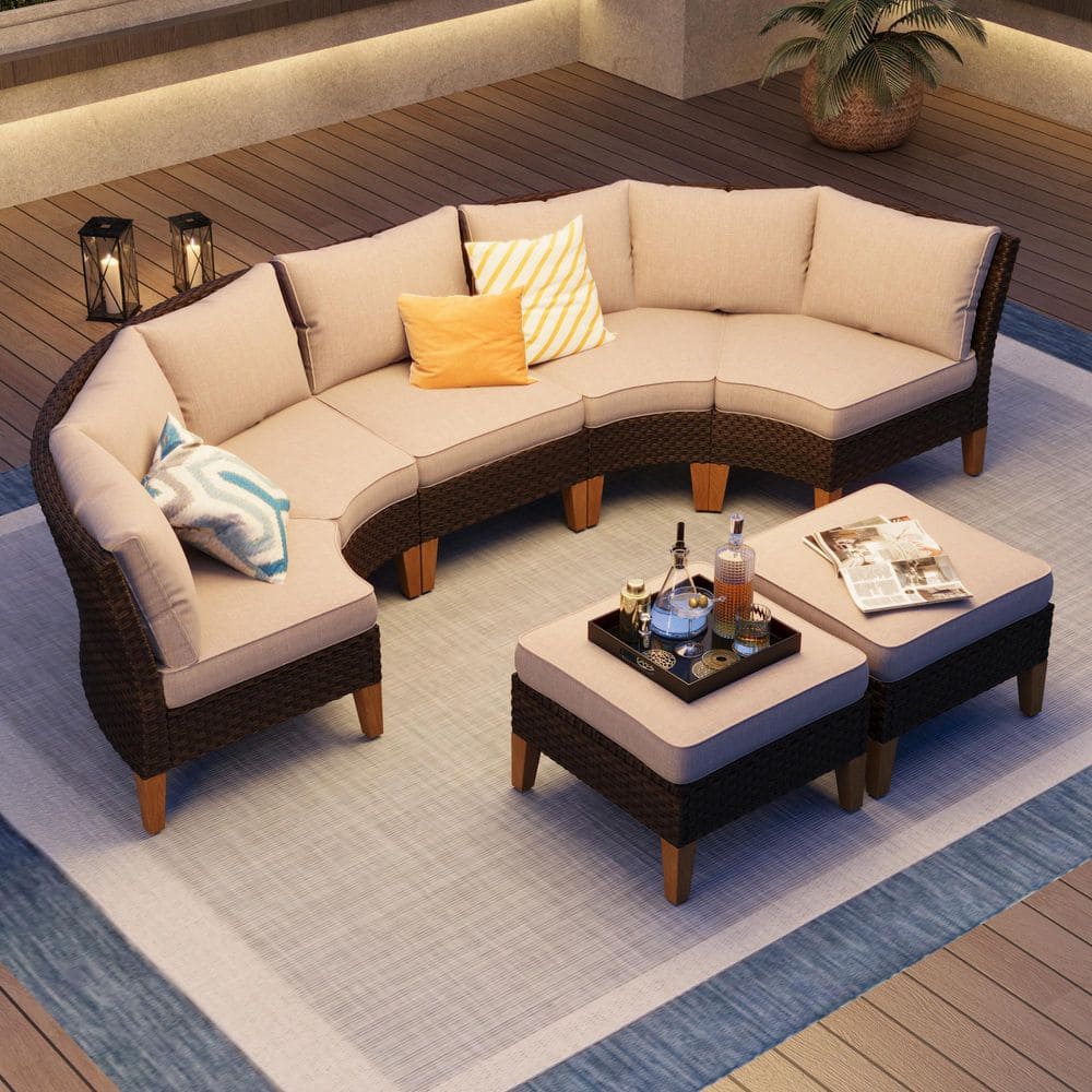 Brown Rattan Wicker 7-Seat 7-Piece Steel Outdoor Patio Conversation Set with Beige Cushions price history on PriceWatchPro