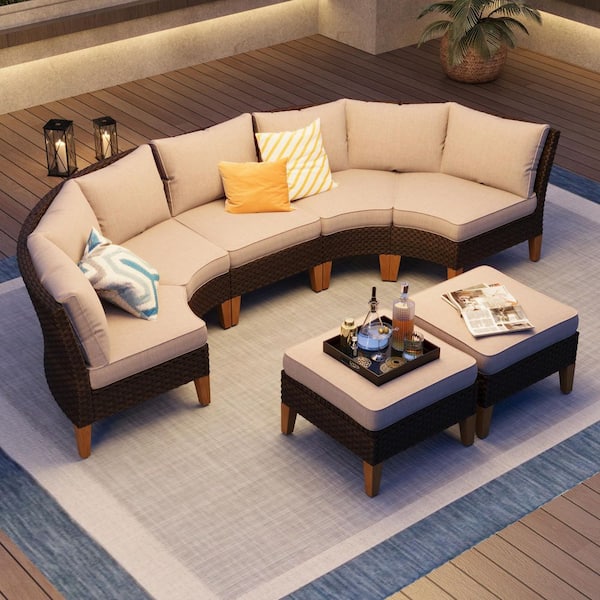 PHI VILLA Brown Rattan Wicker 7-Seat 7-Piece Steel Outdoor Patio Conversation Set with Beige Cushions