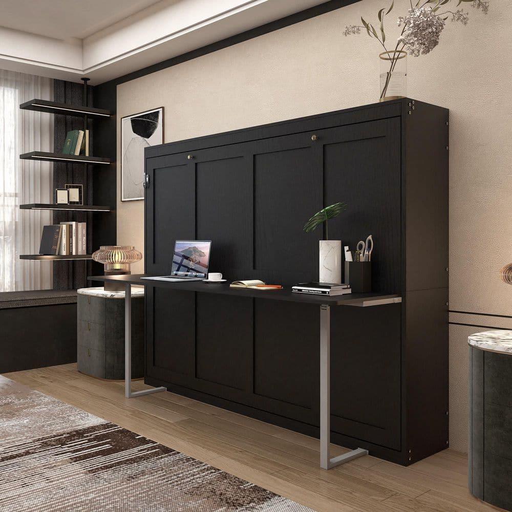 Black Wood Frame Queen Size Murphy Bed, Wall Bed Cabinet with Desk