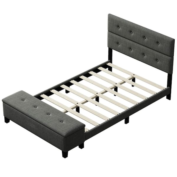Angel Sar Gray Wood Frame Upholstered Full Platform Bed with Storage Ottoman, Linen Tufted Bed