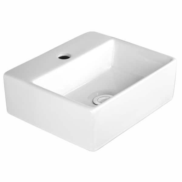 Eisen Home Havasu Ceramic Rectangular Vessel Bathroom Sink with Single Hole for Faucet, Overflow and Pop Up Drain in White
