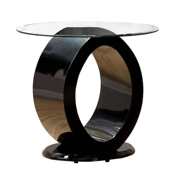 Benjara 23.63 in. Black Round Glass Top End Table with O Shape Base