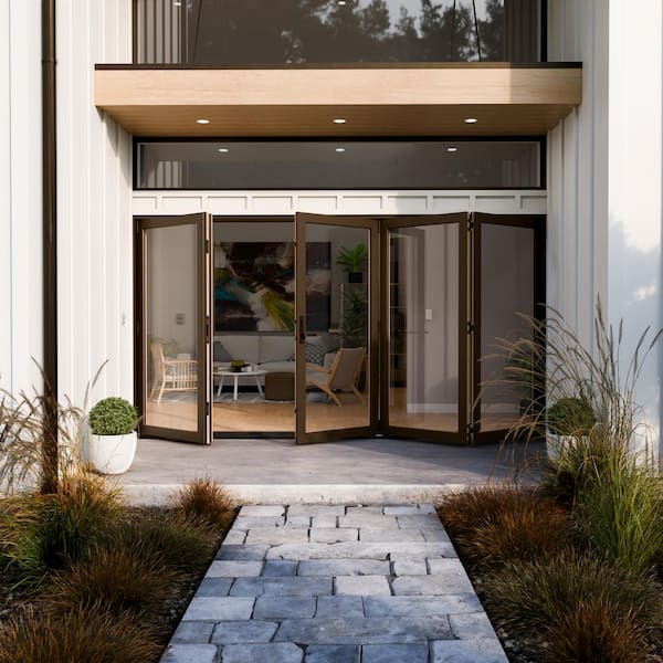 W5500 124 in. x 80 in. Dark Chocolate Left Hand/Outswing Aluminum Clad Wood 4-Panel Prehung Folding Patio Door