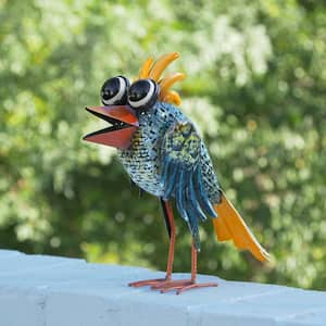 11 in. Tall Outdoor Metal Wide-Eyed Bird Standing Yard Statue Decoration, Multicolor