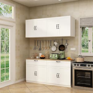 White Wooden Sideboard, Storage Cabinet, with Wall Mounted Kitchen Cabinet( Two Parts )