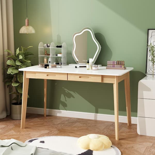 FUFU&GAGA White Wood Big Makeup Vanity Table Dressing Desk with Glass Top,  Dimmable LED Lighted Mirror, 6-Drawers KF210212-012 - The Home Depot