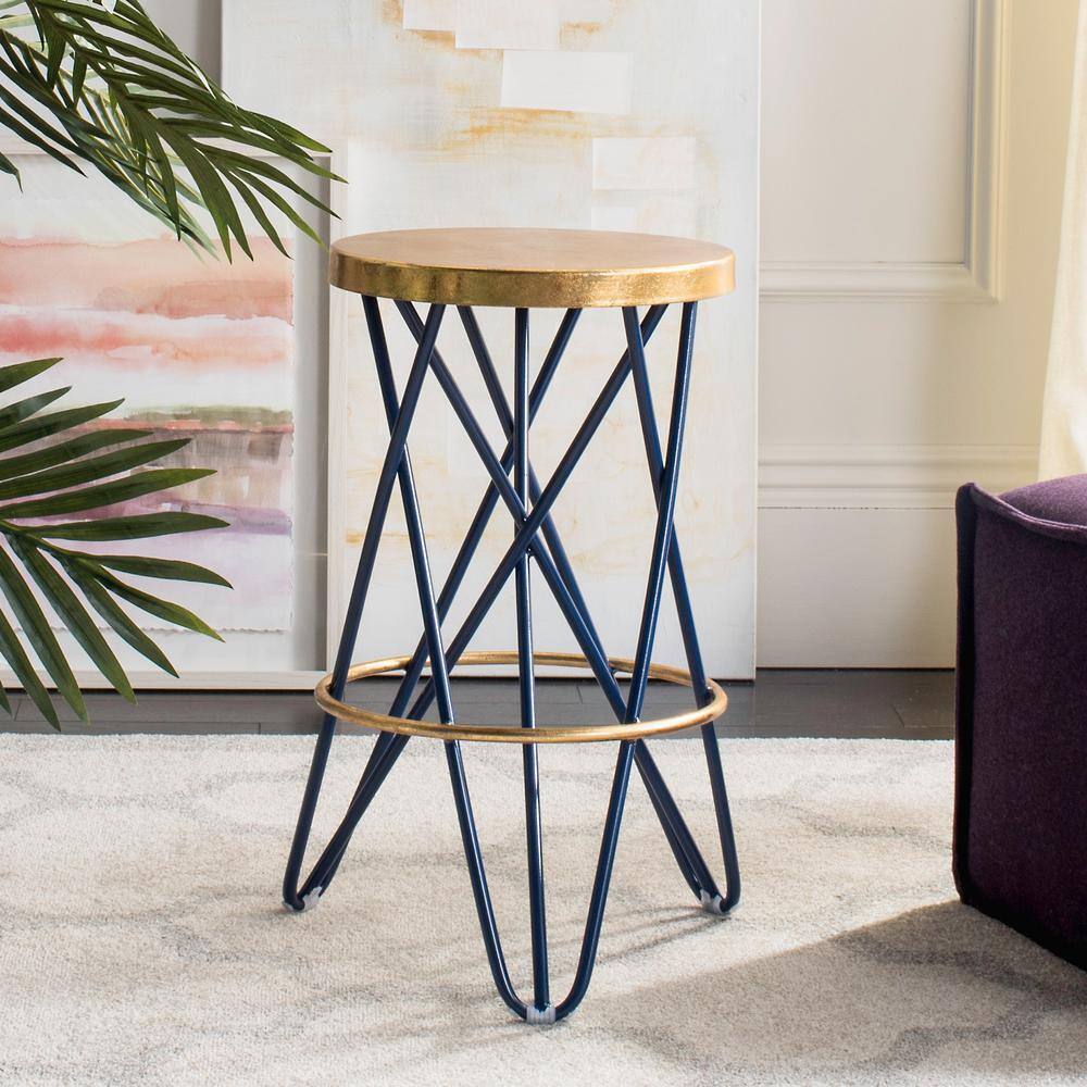 Beige and Blue Wood Metal Backless Counter Stool