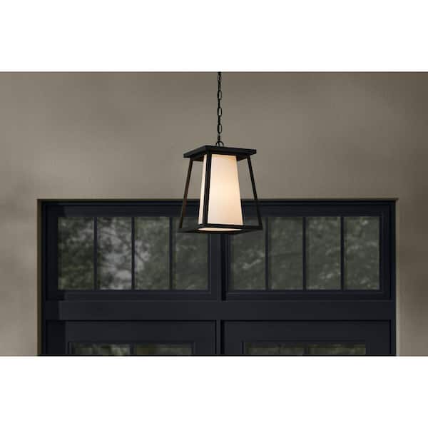 Cardston 14 in. 1-Light Black Hanging Outdoor Hanging Light Pendant Light with White Opal Glass