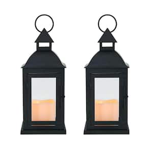(Set of 2) Black Traditional Metal Lanterns 3 in. x 4 in. LED Pillars Included