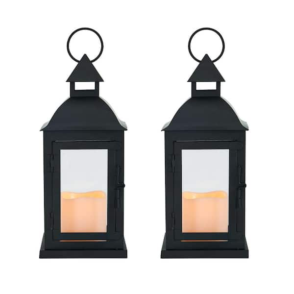 Elements (Set of 2) Black Traditional Metal Lanterns 3 in. x 4 in. LED Pillars Included