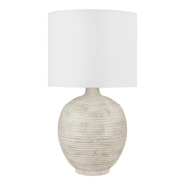 Hampton Bay Finch 22 in. Distressed White Ribbed Table Lamp with White Linen Shade