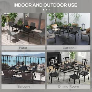 59 in. Black Rectangular Steel Outdoor Dining Table with Umbrella Hole for 6 People