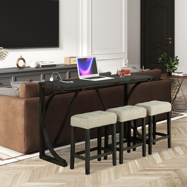 4-Piece Rectangle Brown Wood Top Bar Table Dining Set with USB Ports and Upholstered Stools for 3-Person