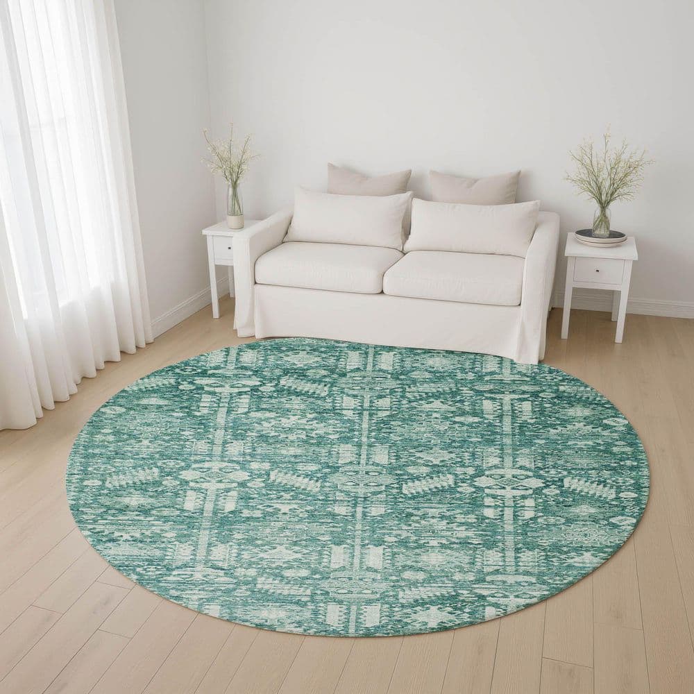 Mayfield Premium Machine Washable Abstract AMF1771 Teal 8 ft. x 8 ft. Round Rug price history on PriceWatchPro