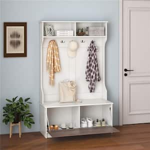 63 in. White Hall Tree with Coat Rack and Storage Bench Multifunctional Coat Rack