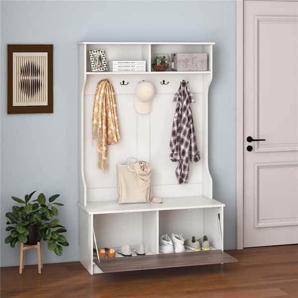 63 in. White Hall Tree with Coat Rack and Storage Bench Multifunctional Coat Rack