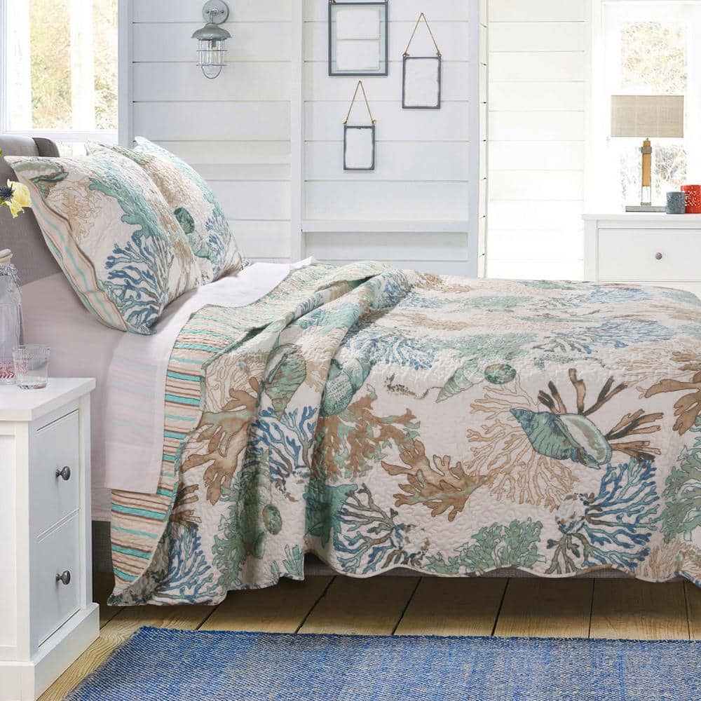 Twin Brown Microfiber Reversible Nautical Quilt Set
