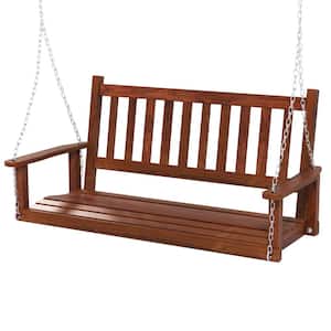 2-Person Wood Outdoor Porch Swing Heavy Duty Patio Hanging Bench Chair Brown