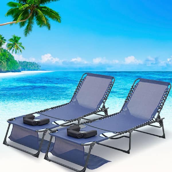 Tenleaf Blue 2 Sets Folding Metal Steel Outdoor with Adjustable 5-Position Reclining Back Chaise Lounge with Face& Arm Holes