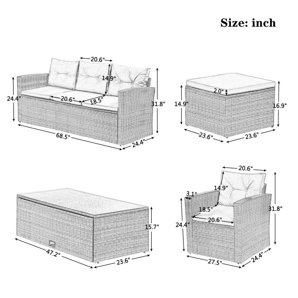 6-Piece Black Steel Frame Outdoor Sectional Sofa Set with Beige Cushions