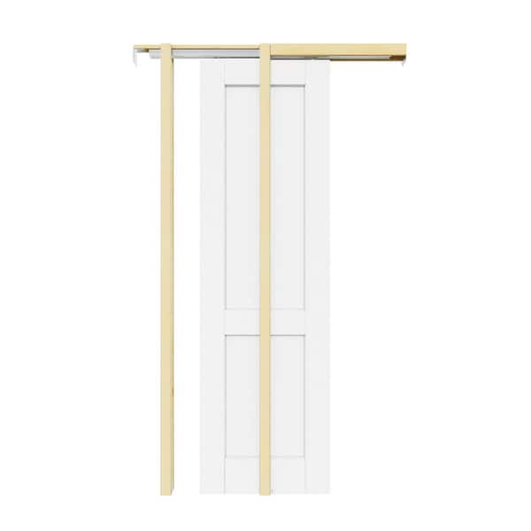 24 in. x 80 in. 2-Panel White Primed Solid Core Door Slab with Wood Pocket Door Frame and Hardware (Soft Close Included)