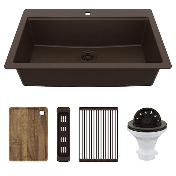 33 in. Drop-In Single Bowl Quartz Workstation Kitchen Sink in Brown